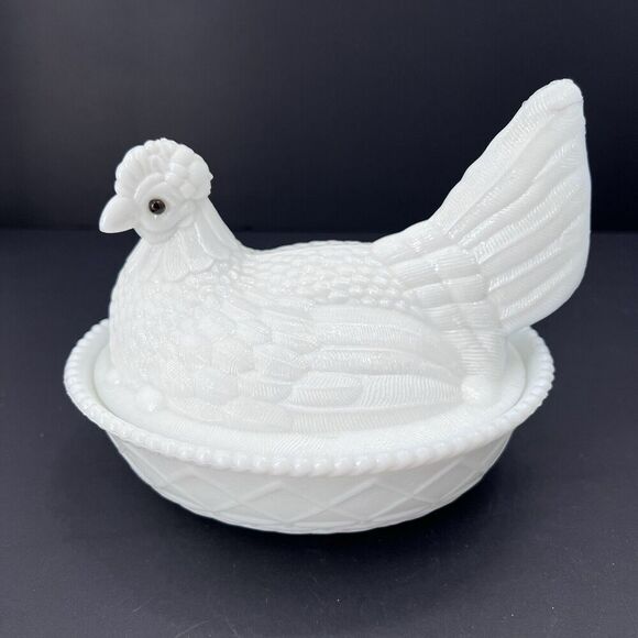 Antique Milk Glass Large Nesting Chicken Hen on Basket Covered Dish - Picture 1 of 12